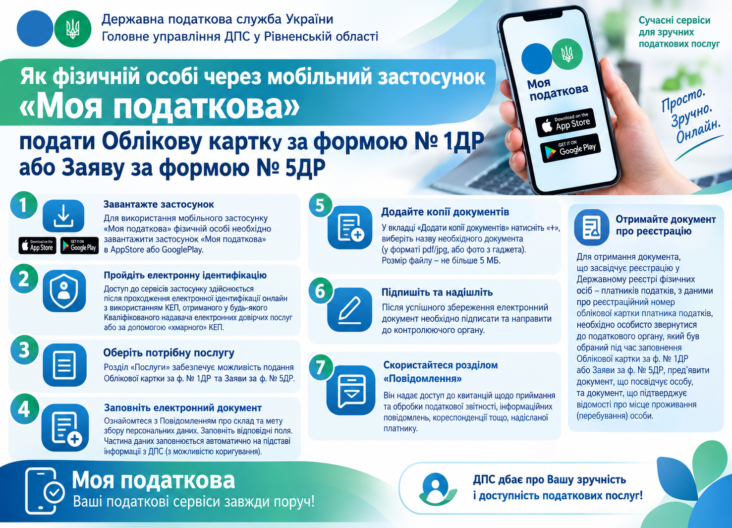 Як фізичній особі через мобільний застосунок «Моя податкова» подати Облікову картку за формою № 1ДР або Заяву за формою № 5ДР